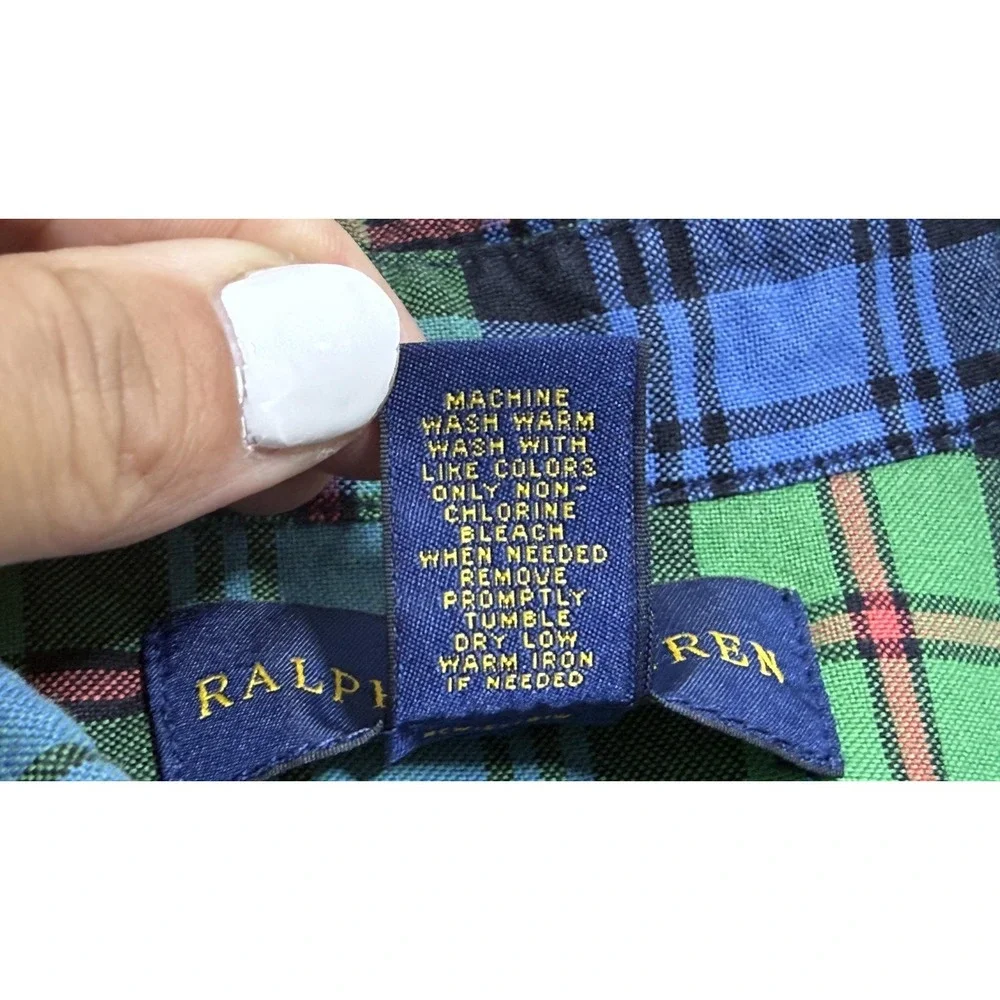 Ralph Lauren Shirt‎ Boys XL 18-20 Green Blue Plaid Button Down Long Sleeve Pony